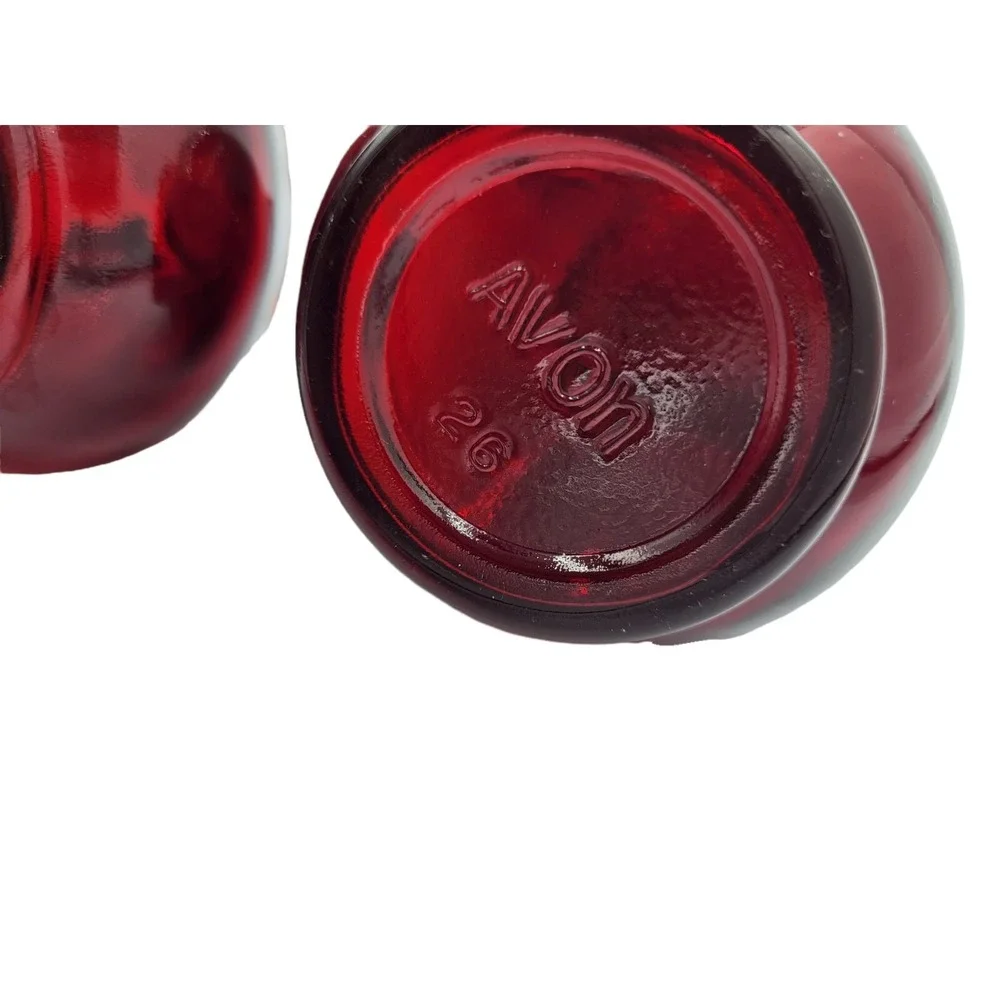 Vintage Pair Avon Cruet Cape Cod Ruby Red Glass Strawberry Top Numbers‎ 5 & 26